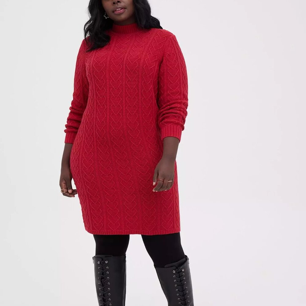 Torrid  Mock Neck Mini Dress - Cable Knit Heart Red
